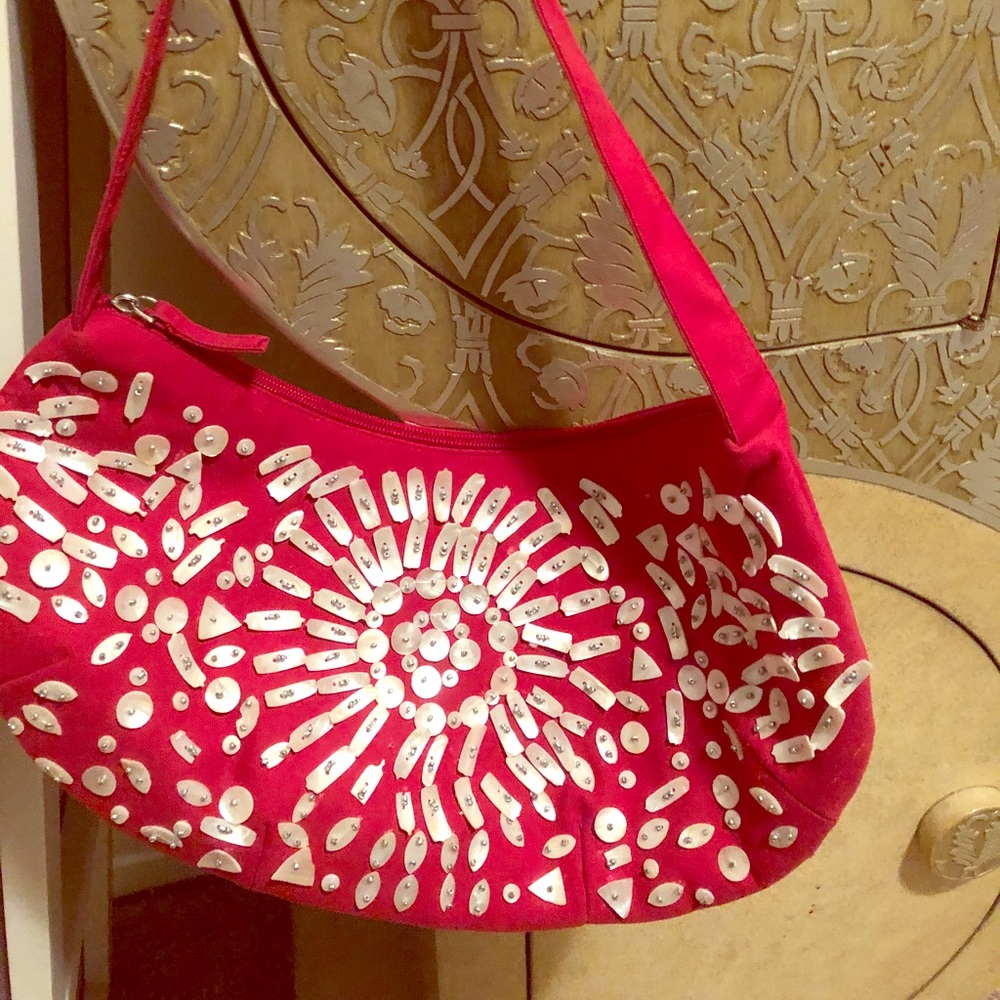 Cute red cloth handbag with mother of pearl shells
